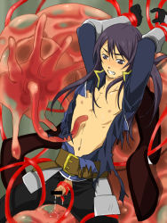 Rule 34 | 00s, androgynous, gender request, long hair, male focus, open clothes, open shirt, penis, purple hair, shirt, solo, tagme, tales of (series), tales of vesperia, tentacles, tentaclejob, tentacles on male, torn clothes, undressing, yuri lowell