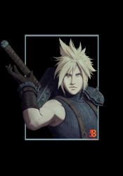 Rule 34 | 1boy, armor, black border, blonde hair, blue eyes, border, brown gloves, closed mouth, cloud strife, final fantasy, final fantasy vii, gloves, hand up, highres, male focus, max58art, pauldrons, shoulder armor, single pauldron, solo, spiked hair, sword, weapon