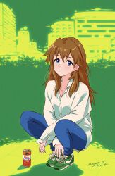 Rule 34 | 1girl, 2022, absurdres, blue eyes, blush, breasts, brown hair, bush, can, dated, grass, hair down, highres, long hair, looking at viewer, neon genesis evangelion, pants, shirt, shoes, simple background, small breasts, sneakers, solo, souryuu asuka langley, squatting, tsunemoku, two side up, ucc coffee