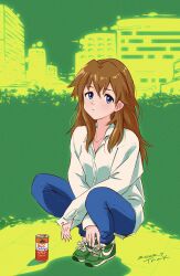 1girl 2022 absurdres blue_eyes blush breasts brown_hair bush can dated grass hair_down highres long_hair looking_at_viewer neon_genesis_evangelion pants shirt shoes simple_background small_breasts sneakers solo souryuu_asuka_langley squatting tsunemoku two_side_up ucc_coffee