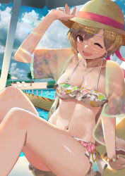 Rule 34 | 1girl, :d, absurdres, adjusting clothes, adjusting headwear, aiba yumi, arm support, beach chair, beach umbrella, belt, between breasts, bikini, bikini top only, blonde hair, blush, bracelet, breasts, bridge, brown eyes, bsue, bush, cherry blossoms, cleavage, cloud, cloudy sky, collarbone, daisy, day, earrings, eyelashes, floral print, flower, frilled bikini, frills, front-tie bikini top, front-tie top, groin, hat, hat ribbon, highres, idolmaster, idolmaster cinderella girls, idolmaster cinderella girls starlight stage, jacket, jewelry, knees up, large breasts, looking at viewer, miniskirt, navel, one eye closed, open mouth, outdoors, palm tree, pendant, petals, petals on liquid, pink belt, pink ribbon, pool, poolside, ribbon, see-through, shiny skin, short hair, single sidelock, sitting, skirt, sky, smile, solo, star (symbol), stomach, sun hat, sunlight, swept bangs, swimsuit, thighs, tree, umbrella, under umbrella, white bikini, white skirt