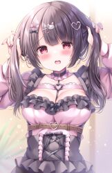 Rule 34 | 1girl, arms up, belt, belt buckle, black bow, black hair, black skirt, blush, bow, breasts, brown belt, buckle, bunching hair, cleavage, frilled shirt collar, frilled skirt, frills, hair bow, hair ornament, hairclip, heart, heart-shaped buckle, heart hair ornament, high-waist skirt, highres, kouta., long sleeves, looking at viewer, medium breasts, nail art, nail polish, open mouth, original, pink bow, puffy long sleeves, puffy sleeves, rabbit hair ornament, red eyes, skirt, solo, teeth, upper teeth only