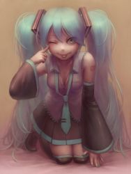 Rule 34 | 1girl, :p, akanbe, aqua eyes, aqua hair, boots, daiyou-uonome, detached sleeves, eyelid pull, face, hatsune miku, kneeling, long hair, necktie, one eye closed, skirt, solo, thigh boots, thighhighs, tongue, tongue out, twintails, very long hair, vocaloid, wink