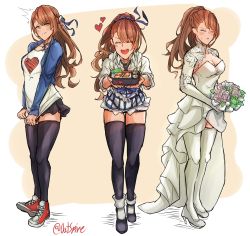 Rule 34 | 1girl, :d, absurdres, apron, beatrix (granblue fantasy), black neckwear, black skirt, black thighhighs, blush, bouquet, breasts, brown eyes, brown hair, casual, cleavage, closed eyes, dress, flower, food, granblue fantasy, heart, heart print, high heels, highres, long hair, medium breasts, miniskirt, multiple views, necktie, nillith, open mouth, ponytail, religious offering, shirt, shoes, skirt, smile, sneakers, sweatdrop, thighhighs, twitter username, wedding dress, white dress, white footwear, white shirt, white thighhighs