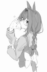 Rule 34 | 1girl, adjusting eyewear, animal ears, blush, book, braid, breasts, closed mouth, clothing cutout, cropped torso, daiwa scarlet (umamusume), glasses, greyscale, hair intakes, hand up, highres, holding, holding book, horse ears, horse girl, horse tail, long hair, long sleeves, looking at viewer, looking back, monochrome, motion lines, round eyewear, sailor collar, shirt, small breasts, solo, tail, tail through clothes, techi (siro-white 0803), twin braids, umamusume, upper body