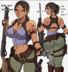 Rule 34 | 1girl, abs, arm tattoo, armlet, ass, back, belt, black hair, breasts, brown belt, cleavage, collage, commentary, crop top, dark-skinned female, dark skin, deltoids, earpiece, earrings, english commentary, english text, gold choker, green eyes, green pants, gun, handgun, harness, highres, holding, holding gun, holding weapon, holster, hoop earrings, jewelry, large breasts, midriff, muscular, muscular female, necklace, pants, pump action, resident evil, resident evil 5, revolver, rifle, sheva alomar, short hair, short ponytail, shotgun, sleeveless, sniper rifle, solo, studded belt, tattoo, thigh holster, very dark skin, weapon, yoracrab
