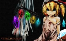 Rule 34 | 1girl, australia.exe (artist), blonde hair, blue eyes, english text, faux traditional media, female focus, flandre scarlet, hat, off shoulder, one side up, ponytail, short hair, side ponytail, solo, speed painting, strap slip, touhou, wallpaper, wings