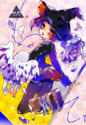 1girl bird black_jacket blush boots collared_shirt commentary_request danganronpa_(series) danganronpa_v3:_killing_harmony feathers from_behind gem_hair_ornament hair_ornament hat hat_belt holding holding_staff jacket jumping long_sleeves looking_at_viewer looking_back midair open_mouth owl pantyhose patatata pleated_skirt red_eyes red_hair red_skirt school_uniform shiny_clothes shirt short_hair skirt staff thick_eyelashes twitter_username witch_hat yumeno_himiko