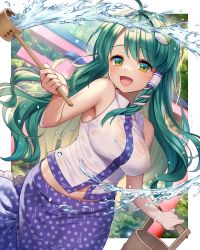 Rule 34 | 1girl, :d, ahoge, bare arms, bare shoulders, blonde hair, border, breasts, bucket, commentary request, day, frilled skirt, frills, frog hair ornament, gradient eyes, gradient hair, green eyes, green hair, hair ornament, hair tubes, holding, kochiya sanae, large breasts, long skirt, looking at viewer, multicolored eyes, multicolored hair, navel, nora wanko, open mouth, outdoors, outside border, purple skirt, see-through, shirt, skirt, sleeveless, sleeveless shirt, smile, snake hair ornament, solo, torii, touhou, water, wet, wet clothes, wet shirt, white border, white shirt, wooden bucket, yellow eyes