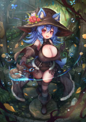 Rule 34 | 1girl, :d, ai gon deroga, animal ear fluff, animal ears, bare shoulders, blue hair, blurry, boots, breasts, bridge, cleavage, cleavage cutout, clothing cutout, commentary request, depth of field, earrings, ears through headwear, flower, forest, fur trim, gloves, hair between eyes, hat, hat flower, house, huge breasts, jewelry, leather, leotard, magic, medium hair, nature, open mouth, original, pink eyes, potion, revision, showgirl skirt, single earring, smile, solo, staff, striped clothes, striped thighhighs, tail, thighhighs, tree, water, witch, witch hat, wolf ears, wolf tail