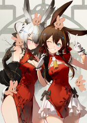 Rule 34 | 2girls, ;d, alternate hairstyle, amiya (arknights), animal ear fluff, animal ears, aqua eyes, arknights, black gloves, blush, braid, breasts, brown hair, china dress, chinese clothes, cleavage, cleavage cutout, closed mouth, clothing cutout, covered navel, cowboy shot, dress, elbow gloves, frilled dress, frills, frostnova (arknights), gloves, grey eyes, grey hair, grin, hair bun, hair over one eye, highres, indai (3330425), long hair, looking at viewer, medium breasts, multiple girls, official alternate costume, one eye closed, open mouth, parted lips, pelvic curtain, photoshop (medium), rabbit ears, red dress, single braid, single side bun, sleeveless, sleeveless dress, smile, stuffed animal, stuffed rabbit, stuffed toy, tassel, v, white gloves