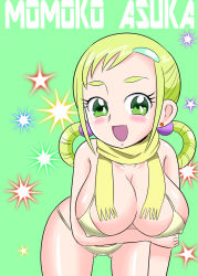 Rule 34 | 1girl, :d, asuka momoko, bent over, bikini, blonde hair, breast hold, breasts, character name, earrings, green eyes, hair ornament, hairclip, highres, jewelry, large breasts, looking at viewer, ojamajo doremi, open mouth, sakurajima1go, scarf, smile, solo, star (symbol), swimsuit