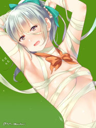 Rule 34 | 1girl, armpits, arms up, bad id, bad pixiv id, blush, bow, bowtie, breasts, breasts apart, commentary request, flying sweatdrops, green background, grey hair, halloween, juurouta, kantai collection, long hair, looking at viewer, loose bowtie, open mouth, orange bow, orange bowtie, skindentation, small breasts, solo, twitter username, tying hair, upper body, yuubari (kancolle)
