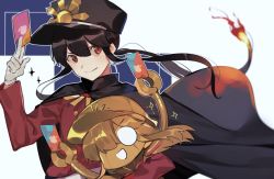 Rule 34 | 1boy, 1girl, black cape, black hair, cape, carrying, carrying under arm, chibi, closed mouth, fate/grand order, fate (series), flaming hair, gloves, hat, itunes, keikenchi (style), long hair, looking at viewer, male focus, military, military uniform, oda nobukatsu (fate), oda nobunaga (fate), oda nobunaga (koha-ace), peaked cap, ponytail, red eyes, robot, smile, uniform, upper body, white gloves, ya 4004