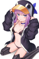 Rule 34 | 1girl, absurdres, animal costume, armored boots, bikini, black bikini, blue eyes, boots, breasts, choker, collarbone, fate/grand order, fate (series), hands up, highres, long hair, long sleeves, looking at viewer, meltryllis, meltryllis (fate), meltryllis (swimsuit lancer) (fate), meltryllis (swimsuit lancer) (first ascension) (fate), navel, parted lips, penguin costume, purple hair, simple background, sitting, small breasts, solo, stomach, sunhyun, swimsuit, thigh boots, thighhighs, thighs, wariza, white background