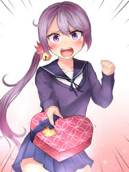 Rule 34 | 10s, 1girl, akebono (kancolle), bell, blush, commentary request, flower, gift, hair bell, hair flower, hair ornament, heart, highres, holding, holding gift, incoming gift, kantai collection, miniskirt, neit ni sei, open mouth, purple eyes, purple hair, ribbon, school uniform, serafuku, shouting, side ponytail, skirt, solo, sweat, sweater, translation request, valentine