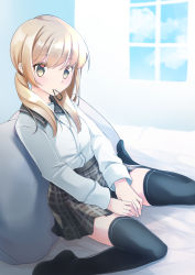 Rule 34 | 1girl, bed sheet, black sailor collar, black thighhighs, blonde hair, blue sky, blush, brown eyes, brown skirt, closed mouth, cloud, cloudy sky, comah, day, dress shirt, hair over shoulder, hair tie, hair tie in mouth, highres, indoors, long hair, long sleeves, looking at viewer, low twintails, mouth hold, no shoes, original, pillow, plaid, plaid skirt, pleated skirt, sailor collar, shirt, sitting, skirt, sky, solo, thighhighs, twintails, wariza, white shirt, window