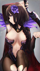 Rule 34 | 1girl, arm behind head, arm up, armpits, black cape, black dress, black hair, blood, blood stain, braid, breasts, breasts apart, breath, bridal gauntlets, brown pantyhose, cape, cleavage, closed mouth, commentary request, covered erect nipples, cowboy shot, crescent, crescent pin, dress, elsa granhilte, fine fabric emphasis, flower, frills, glint, grey background, hair flower, hair ornament, hand up, holding, holding sword, holding weapon, knee up, large breasts, long hair, looking at viewer, looking to the side, mole, mole under eye, navel, pantyhose, pelvic curtain, profile, purple eyes, purple flower, re:zero kara hajimeru isekai seikatsu, rose, side slit, single braid, sitting, solo, sseyeng (mgda7284), stomach, sword, torn clothes, torn pantyhose, weapon