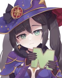 Rule 34 | 1girl, absurdres, black choker, black gloves, black hair, capelet, choker, commentary, earrings, genshin impact, gloves, green eyes, hat, highres, holding, jewelry, jisas, long hair, looking at viewer, mona (genshin impact), purple capelet, purple hat, solo, twintails, upper body, witch hat