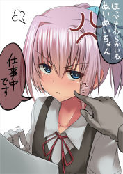 Rule 34 | 10s, 1girl, anger vein, blue eyes, cheek poking, commentary request, frown, glaring, gloves, hair ornament, kantai collection, looking at viewer, neck ribbon, paper, pink hair, poking, ponytail, pov, pov hands, red ribbon, ribbon, school uniform, shiranui (kancolle), short hair, simple background, solo focus, speech bubble, tai (nazutai), translation request, tsurime, upper body, white background