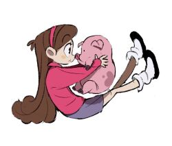 Rule 34 | 1boy, 1girl, animal, black footwear, blush stickers, brown hair, eye contact, face-to-face, from side, gravity falls, hairband, holding, holding animal, kumao (uexxww), legs up, long hair, looking at another, loose socks, mabel pines, noses touching, pet, pig, pink sweater, profile, purple skirt, shoes, sitting, skirt, socks, sweater, very long hair, waddles, white socks