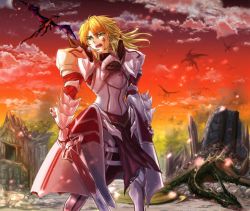 Rule 34 | 1girl, armor, armored dress, blonde hair, blood, breastplate, clarent (fate), cloud, cloudy sky, dragon, fate/apocrypha, fate (series), floating hair, flying, gauntlets, green eyes, holding, holding sword, holding weapon, mordred (fate), mordred (fate/apocrypha), open mouth, outdoors, pauldrons, ponytail, ruins, shoulder armor, sky, smoke, standing, sunset, sword, weapon, yado
