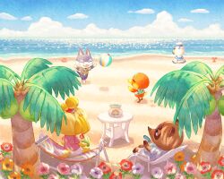 Rule 34 | 2girls, 3boys, :d, ^ ^, animal crossing, arms up, ball, beach, beachball, blue sky, cat boy, chair, closed eyes, cloud, cloudy sky, coconut, coconut cup, coconut tree, collared shirt, commentary request, coral, day, dog girl, drink, drinking straw, duck girl, facing away, flower, footprints, from behind, furry, furry female, furry male, gulliver (animal crossing), hammock, hand fan, hat, holding, holding fan, horizon, isabelle (animal crossing), ketchup (animal crossing), leaf print, lounge chair, moai (aoh), multiple boys, multiple girls, nintendo, ocean, open mouth, outdoors, palm tree, paper fan, pink flower, pink shirt, plaid, plaid shirt, playing, print shirt, punchy (animal crossing), raccoon boy, red flower, sailor hat, sand, scallop, scenery, seashell, shade, shell, shirt, short sleeves, sitting, skirt, sky, smile, table, tom nook (animal crossing), topknot, tree, tree shade, water, white flower, white headwear, white shirt, white skirt, yellow flower