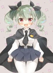 Rule 34 | 10s, anchovy (girls und panzer), anzio school uniform, belt, black belt, black cape, black necktie, black skirt, blush, bow, cape, dress shirt, drill hair, fang, gau (n00 shi), girls und panzer, green hair, hair bow, highres, long hair, long sleeves, looking at viewer, necktie, open mouth, pantyhose, pleated skirt, red eyes, school uniform, shirt, skirt, smile, solo, twin drills, twintails, white pantyhose, white shirt