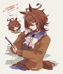 Rule 34 | 1girl, agnes tachyon (umamusume), ahoge, animal ears, artist name, blush, bow, bowtie, brown hair, cardigan, chibi, chibi inset, clip, clipboard, cup, earrings, english text, grey background, hair between eyes, holding, holding clipboard, holding cup, holding pen, horse ears, horse girl, horse tail, jewelry, long sleeves, looking at viewer, medium hair, orange eyes, pen, sailor, sideways glance, simple background, single earring, smile, solo, tail, teacup, umamusume, upper body, welchino
