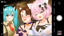 Rule 34 | 1boy, 2girls, :3, :d, @ @, absurdres, animal ear fluff, animal ears, ball pit, bell, black bow, blue eyes, blue hair, blush, bow, breasts, brown eyes, brown hair, brown shirt, cat boy, cat ears, catboy jerma, choker, closed eyes, collarbone, collared shirt, commentary, crossover, dashcon, english commentary, fake animal ears, fang, fishnet top, fishnets, hair bow, hatsune miku, heart hands failure, highres, jerma985, jerma985 (person), jingle bell, long hair, looking at viewer, meiyoshima, meme, multiple crossover, multiple girls, neck bell, necktie, nose blush, nyatasha nyanners, nyatasha nyanners (1st costume), off-shoulder shirt, off shoulder, open mouth, photo background, pink hair, purple choker, purple shirt, red necktie, shirt, short hair, short necktie, signature, single hair intake, small breasts, smile, sweat, trembling, twintails, upper body, viewfinder, virtual youtuber, vocaloid, vshojo