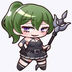 Rule 34 | 1girl, absurdres, bare shoulders, black dress, black footwear, black gloves, breasts, chibi, commentary request, dress, elbow gloves, full body, gloves, green hair, grey background, hair between eyes, hand on own hip, highres, holding, holding polearm, holding weapon, looking at viewer, medium breasts, parted lips, pleated dress, polearm, ponytail, purple eyes, saishosaisekojo, shoes, simple background, single glove, smile, solo, sousou no frieren, spear, standing, ubel (sousou no frieren), weapon