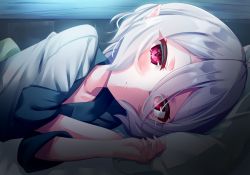 Rule 34 | 1girl, bad id, bad pixiv id, blush, closed mouth, collared shirt, commentary request, grey shirt, hair between eyes, kokkoro (princess connect!), looking at viewer, lying, on side, pajamas, pillow, pointy ears, princess connect!, red eyes, shirt, short sleeves, silver hair, smile, solo, tamariyazuna, upper body