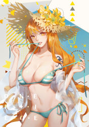Rule 34 | 1girl, bare shoulders, bikini, breasts, character name, clenched teeth, copyright name, curvy, dywx poison, female focus, green bikini, hat, highres, large breasts, lips, long hair, looking at viewer, medium breasts, nami (one piece), navel, one piece, orange eyes, orange hair, side-tie bikini bottom, solo, standing, stomach, straw hat, striped bikini, striped clothes, swimsuit, tattoo, teeth, thighs, twitter username, very long hair