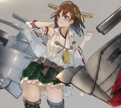 Rule 34 | 1girl, boots, brown hair, commentary request, cowboy shot, detached sleeves, flipped hair, green skirt, grey background, hairband, headgear, hiei (kancolle), hiei kai ni (kancolle), highres, japanese clothes, kantai collection, leaning to the side, looking up, machinery, plaid, plaid skirt, popped collar, purple eyes, ribbon-trimmed sleeves, ribbon trim, short hair, simple background, skirt, solo, standing, taki rentaro, thigh boots, thighhighs