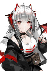Rule 34 | + +, 1girl, absurdres, ahoge, antennae, arknights, black choker, black jacket, black shorts, breasts, choker, demon horns, grey hair, highres, horns, jacket, long sleeves, looking at viewer, medium breasts, official alternate costume, open clothes, open jacket, parted lips, red eyes, red nails, s 4ik4, short hair, shorts, simple background, smile, solo, tank top, upper body, w (arknights), white background, white tank top