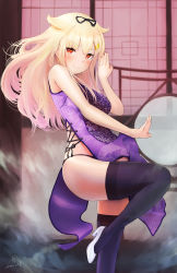 Rule 34 | 1girl, absurdres, alternate costume, black panties, black ribbon, black thighhighs, blonde hair, blush, breasts, china dress, chinese clothes, commentary request, dress, gradient hair, hair flaps, hair ornament, hair ribbon, hairclip, high heels, highres, huge filesize, jewelry, kantai collection, leg up, long dress, looking at viewer, medium breasts, messy hair, mmk, multicolored hair, one-hour drawing challenge, panties, pink hair, purple dress, red eyes, ribbon, ring, side slit, signature, smile, solo, thighhighs, underwear, wedding band, white footwear, yuudachi (kancolle), yuudachi kai ni (kancolle)