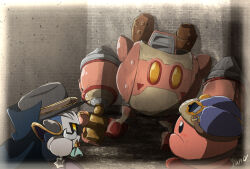 Rule 34 | blue headwear, blush stickers, cape, colored skin, commentary request, grey headwear, highres, holding, holding wrench, kirby, kirby: planet robobot, kirby (series), mask, mechanical arms, meta knight, nintendo, no humans, pink skin, robobot armor, robot, rune (ruupokesmash54), signature, sweat, wrench, yellow eyes