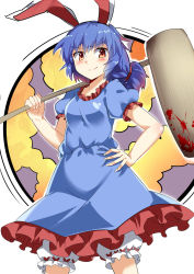 Rule 34 | &gt;:), 1girl, ambiguous red liquid, animal ears, blood, blood stain, bloody weapon, bloomers, blue dress, blue hair, blue skirt, rabbit ears, dress, e.o., female focus, fingernails, hammer, hand on own hip, highres, kine, legacy of lunatic kingdom, mallet, over shoulder, ponytail, puffy short sleeves, puffy sleeves, red eyes, seiran (touhou), short hair, short sleeves, skirt, smile, smirk, solo, touhou, underwear, v-shaped eyebrows, weapon, weapon over shoulder, white background