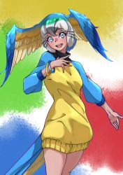 Rule 34 | 1girl, :d, bird tail, bird wings, blue-and-yellow macaw (kemono friends), blue eyes, blue hair, blue sweater, dark-skinned female, dark skin, green hair, grey hair, hand on own chest, head wings, highres, kemono friends, long sleeves, looking at viewer, multicolored background, multicolored hair, multicolored wings, open mouth, short hair, simple background, smile, solo, spread wings, sweater, tail, tanabe (fueisei), turtleneck, turtleneck sweater, two-tone sweater, white hair, wings, yellow sweater