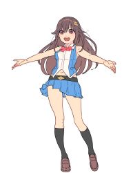 Rule 34 | 1girl, :d, bare arms, bare shoulders, belt, black socks, blouse, blue skirt, bow, bowtie, brown footwear, brown hair, collared vest, enkyo yuuichirou, full body, hair flaps, hair ornament, hairclip, hololive, long hair, miniskirt, navel, open mouth, outstretched arms, pleated skirt, red bow, red bowtie, red eyes, shirt, shoes, simple background, skirt, sleeveless, smile, socks, solo, spread arms, standing, tokino sora, tokino sora (old design), vest, virtual youtuber, white background, white shirt, wing collar