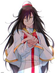 Rule 34 | 1girl, akira ferrari, andanden, aria (manga), bow, bowtie, brown hair, capelet, closed mouth, dress, gold trim, hair between eyes, hand up, highres, himeya company uniform, long hair, long sleeves, looking at viewer, pointing, pointing at viewer, red bow, red bowtie, red headwear, sidelocks, signature, simple background, smile, solo, undine (aria), upper body, white background, white capelet, white dress, white headwear, yellow eyes