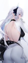 Rule 34 | 1girl, absurdres, ass, breasts, character request, cleavage, copyright request, from behind, grey eyes, highres, horns, large breasts, light blush, long hair, long sleeves, looking at viewer, looking back, medium breasts, neonbeat, shoulder blades, simple background, solo, standing, virtual youtuber, white background, white hair
