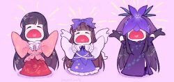 Rule 34 | 3girls, black gloves, black hair, blunt bangs, bow, bowtie, brown hair, chibi, closed eyes, collared shirt, commentary, covered eyes, d:, dreamysuite, dress, elbow gloves, english commentary, flower, flower on head, full body, gloves, hair bow, heart, heart in mouth, highres, hime cut, houraisan kaguya, long hair, long skirt, long sleeves, look-alike, medium bangs, multiple girls, open mouth, pink background, pink shirt, print skirt, purple bow, purple dress, purple flower, purple shirt, purple skirt, red skirt, shirt, sidelocks, simple background, skirt, sleeves past fingers, sleeves past wrists, standing, star (symbol), star print, star sapphire, touhou, very long hair, vine print, white bow, white bowtie, wide sleeves, yomotsu hisami