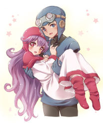 Rule 34 | 1boy, 1girl, blue eyes, breasts, carrying, commentary request, curly hair, dragon quest, dragon quest ii, dress, gloves, goggles, hat, helmet, hood, kichijou agata, long hair, prince of lorasia, princess carry, princess of moonbrook, purple hair, robe, short hair, smile, white dress, white robe