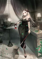 Rule 34 | 1girl, absurdres, arknights, bare shoulders, black choker, black dress, black footwear, black gloves, bottle, bracelet, breasts, choker, cleavage, closed mouth, cup, detached sleeves, dress, drink, drinking glass, gloves, grey hair, hair ornament, hammer, highres, holding, holding cup, holding hammer, holding weapon, horns, indoors, jewelry, lamp, large breasts, leg up, long hair, mudrock (arknights), mudrock (obsidian) (arknights), natsuba002, necklace, official alternate costume, phone, red eyes, short sleeves, single glove, solo, standing, standing on one leg, table, very long hair, weapon, window, wooden floor