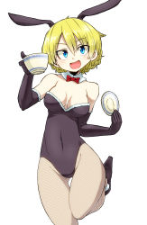 Rule 34 | 10s, 1girl, absurdres, alternate costume, animal ears, aono3, black footwear, black gloves, black leotard, blonde hair, blue eyes, bow, bowtie, braid, breasts, cowboy shot, cup, darjeeling (girls und panzer), detached collar, elbow gloves, fake animal ears, fishnet pantyhose, fishnets, girls und panzer, gloves, highres, holding, leg up, leotard, looking at viewer, medium breasts, open mouth, pantyhose, playboy bunny, rabbit ears, red bow, red bowtie, saucer, shoes, short hair, simple background, smile, solo, standing, standing on one leg, strapless, strapless leotard, teacup, thigh gap, twin braids, white background