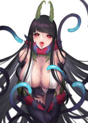 Rule 34 | 1girl, ane naru mono, bent over, black hair, blunt bangs, blush, breasts, chiyo (ane naru mono), cleavage, collarbone, covered erect nipples, demon, demon girl, demon horns, elbow gloves, fangs, fengyin shici guozi, fingernails, fur collar, gloves, half-closed eyes, heart, heart-shaped pupils, highres, horns, large breasts, long fingernails, long hair, looking at viewer, mole, mole under eye, open mouth, red eyes, saliva, sharp fingernails, sharp teeth, solo, symbol-shaped pupils, teeth, tentacles, thighhighs, tongue, tongue out, very long hair