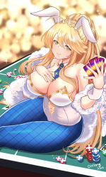 Rule 34 | 1girl, animal ears, artoria pendragon (all), artoria pendragon (fate), artoria pendragon (lancer) (fate), artoria pendragon (swimsuit ruler) (fate), blonde hair, card, fake animal ears, fate/grand order, fate (series), leotard, oursong (kiam pis), playboy bunny, playing card, poker chip, poker table, rabbit ears, table, yellow eyes