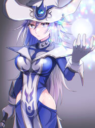 Rule 34 | 1girl, blue eyes, breasts, dress, duel monster, gloves, hair between eyes, hat, highres, hip vent, holding, large breasts, long hair, looking at viewer, pinyata (pinyaland), silent magician, solo, staff, surcoat, wand, white gloves, white hair, witch hat, wizard hat, yu-gi-oh!