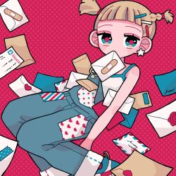 Rule 34 | 1girl, bandaid, bandaid on object, bare arms, bare shoulders, blonde hair, blue eyes, blue overalls, blunt bangs, braid, envelope, feet out of frame, hair ornament, hairclip, heart, highres, looking at viewer, mouth hold, original, overalls, polka dot, polka dot background, red background, red pupils, shirokurage, shirt, short hair, short twintails, single braid, solo, spaghetti strap, twintails, wax seal, white shirt